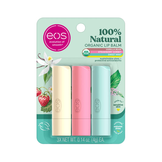 Eos Natural and Organic Lip Balm Trio Vanilla Bean, Sweet Mint and Strawberry Sorbet For Sensitive Skin