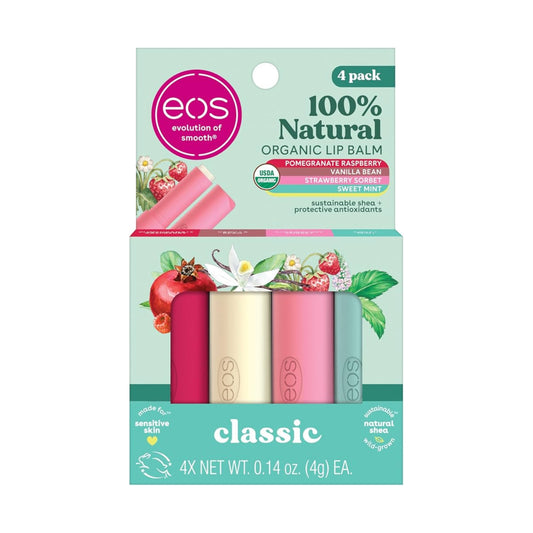 Eos Natural and Organic Lip Balm Sticks Strawberry Sorbet, Vanilla Bean, Sweet Mint and Pomegranate Raspberry