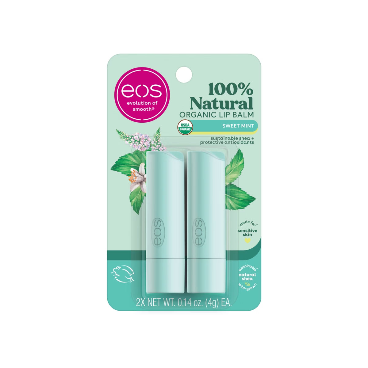 Eos Natural and Organic Lip Balm Sticks Sweet Mint For Sensitive Skin 2Pack
