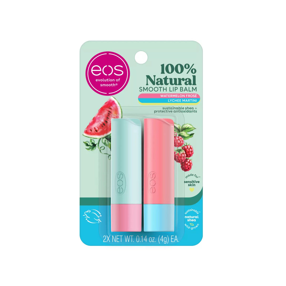 Eos Natural and Organic Lip Balm Watermelon Frose and Lychee Martini All Day Moisture 2Pack